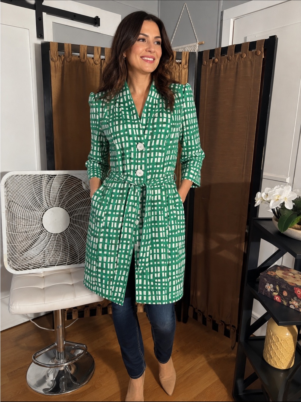 Green Windowpane Tie-Waist Shirt Dress (Or Lightweight Coat)